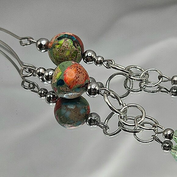Stainless Steel Imperial Jasper and Crstal Necklace and Earimgs Set - Picture 4 of 9